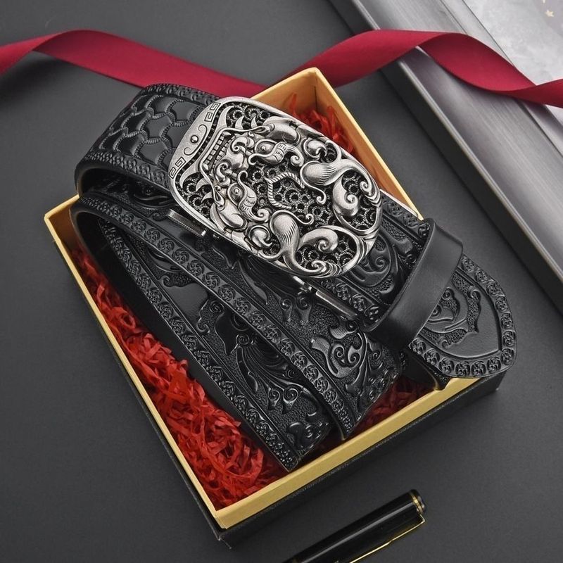 Domineering Tang Grass Pattern Carved Genuine Leather Business Luxurious Fashion Men's Automatic Buckle Belt_voghion.com