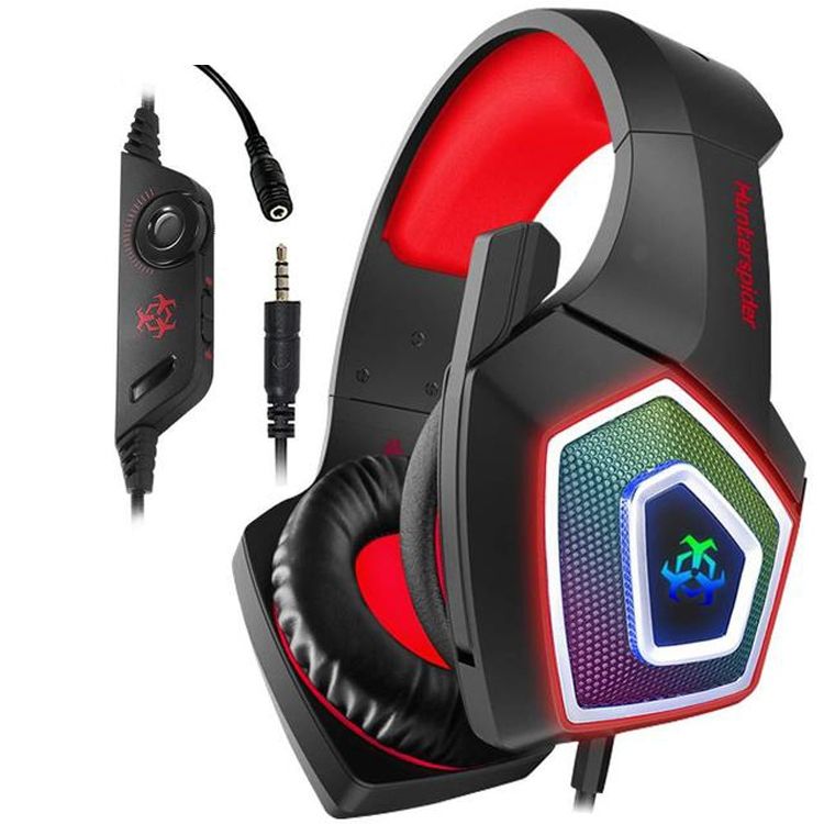 V1 3,5 mm RGB fargerikt lysende ledningsstyrt spillheadset, kabellengde: 2,2 m (svart rød)_voghion.com