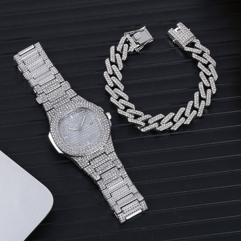 2pcs/set watch bracelet set hip hop style large dial diamond steel watch + full diamond bracelet_voghion.com