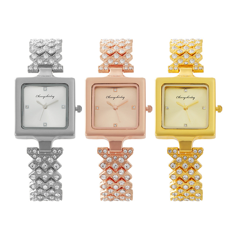 Reloj de pulsera de cuarzo para mujer, banda de acero de estilo coreano, cuadrado, lleno de diamantes, 2024_voghion.com