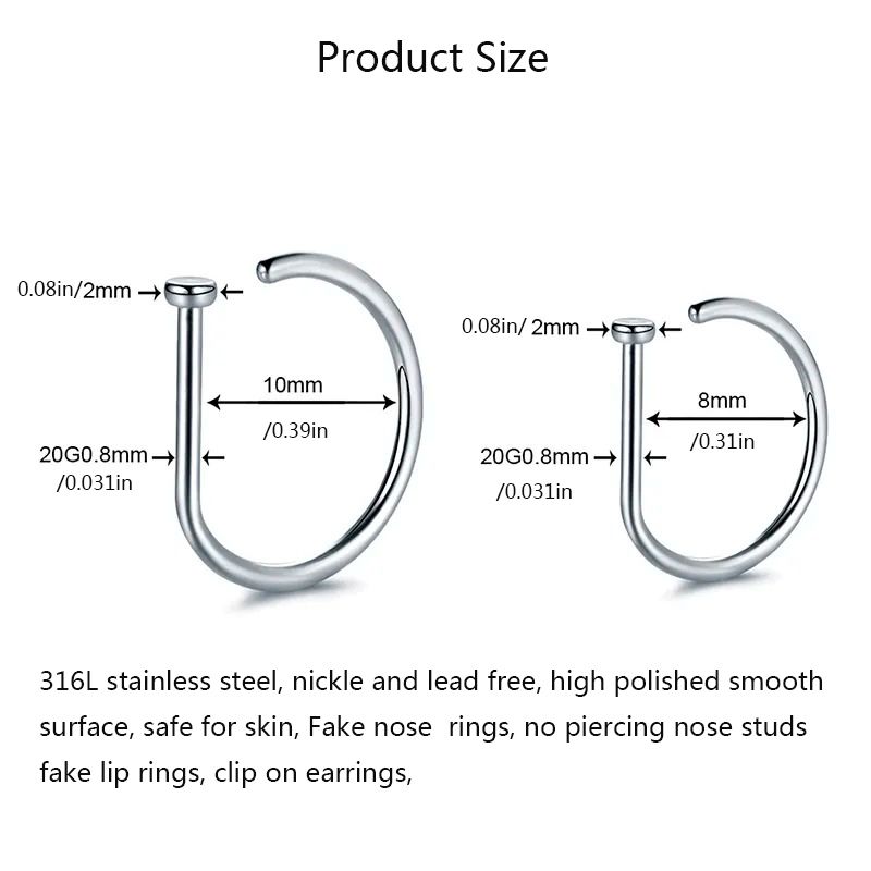 1/3/5 pezzi in acciaio inossidabile 316L finto piercing al naso per donne e uomini, anello al naso a forma di D con clip, piercing al naso_voghion.com