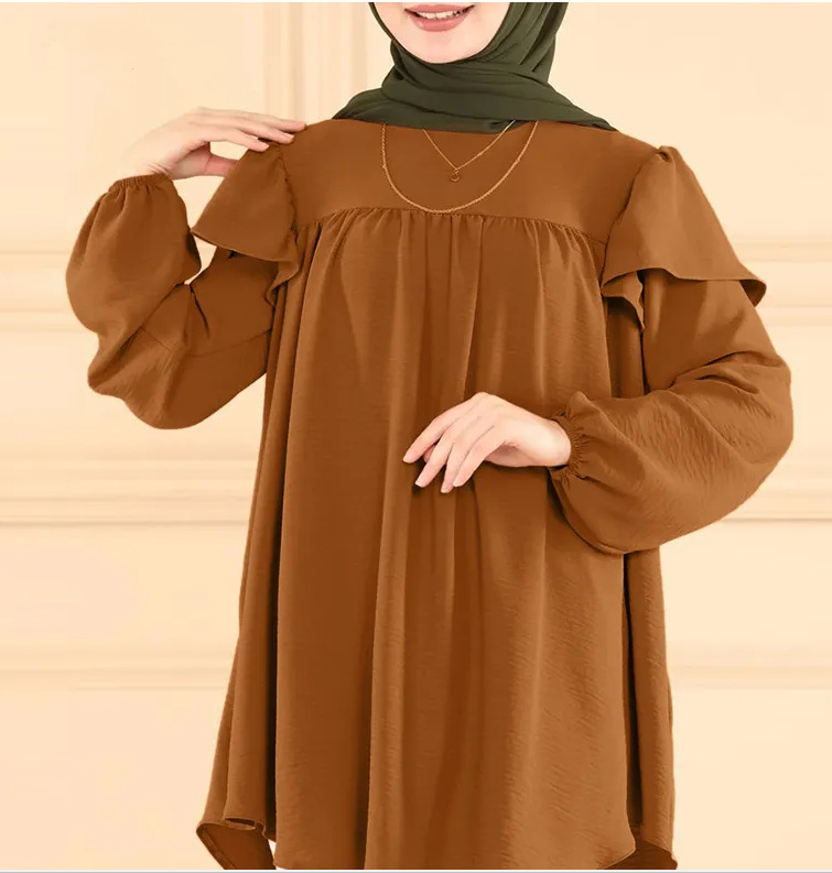 women's solid color long-sleeved loose ruffled round neck top shirt_voghion.com