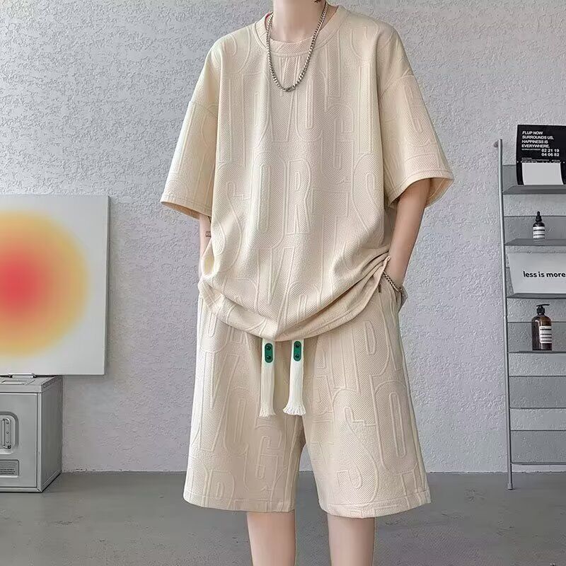 Short Sleeve Casual Sports For Men, Thin Summer Outfit, Loose Fit, Five-Point Shorts Two-Piece Set, Waffle Texture Suit_voghion.com