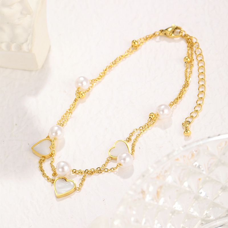 Doppellagiges Fußkettchen aus Perlen und Perlmutt – Vergoldeter Edelstahl, eleganter Fußschmuck für Frauen_voghion.com