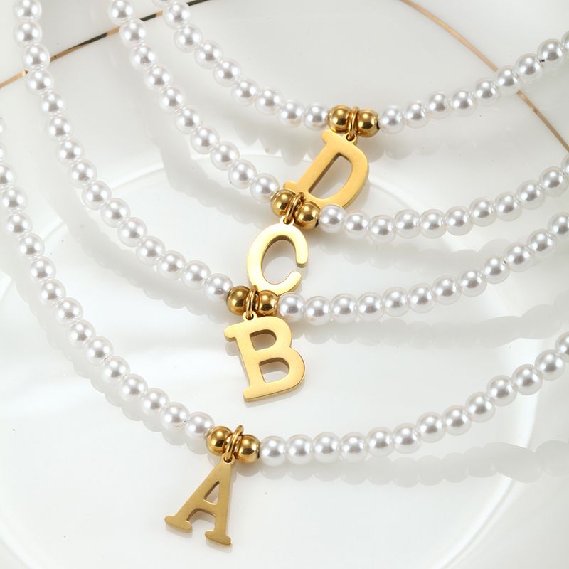 Ready Stock Stainless steel letters initial pendant necklace diy name Simulated pearls Bead Necklaces for Women Pearl Woman's Choker_voghion.com
