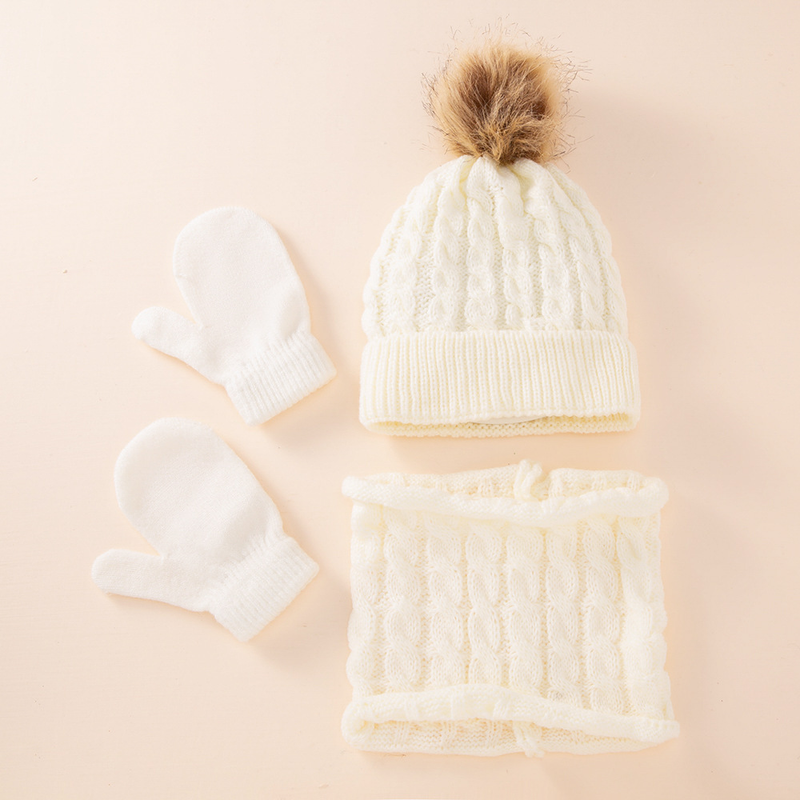 Baby clothing wool monochrome twist warm children's hat scarf gloves two or three sets_voghion.com