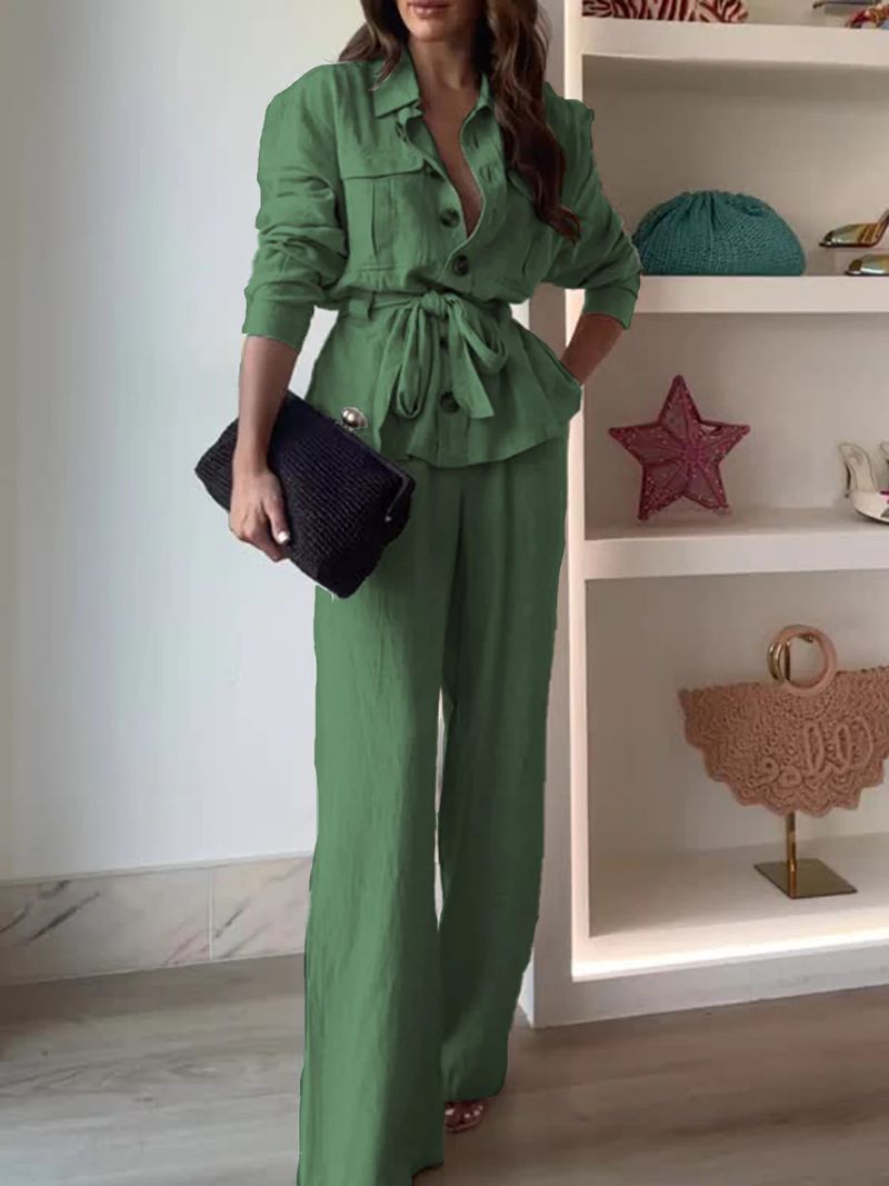Zweiteiliges Outfit für Damen: Langarm-Hemd mit Button-Down-Kragen und Hose mit weitem Bein – lässiger, bequemer Anzug in reiner Farbe_voghion.com