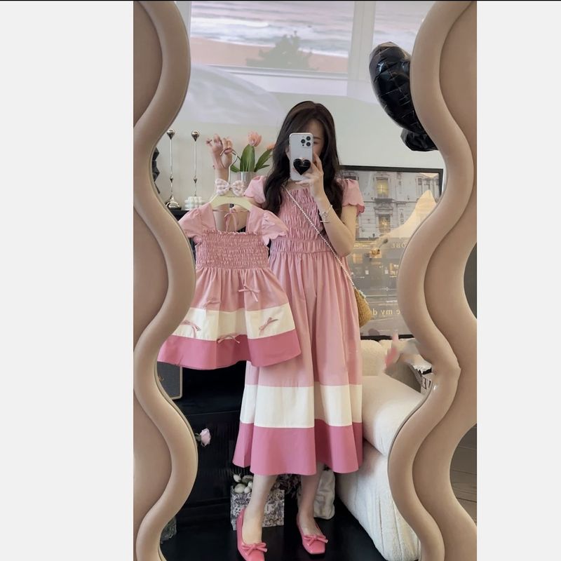 Mother&Kids Family dress summer short sleeve mother-daughter dress skirt girl soft pink Sweet thin_voghion.com