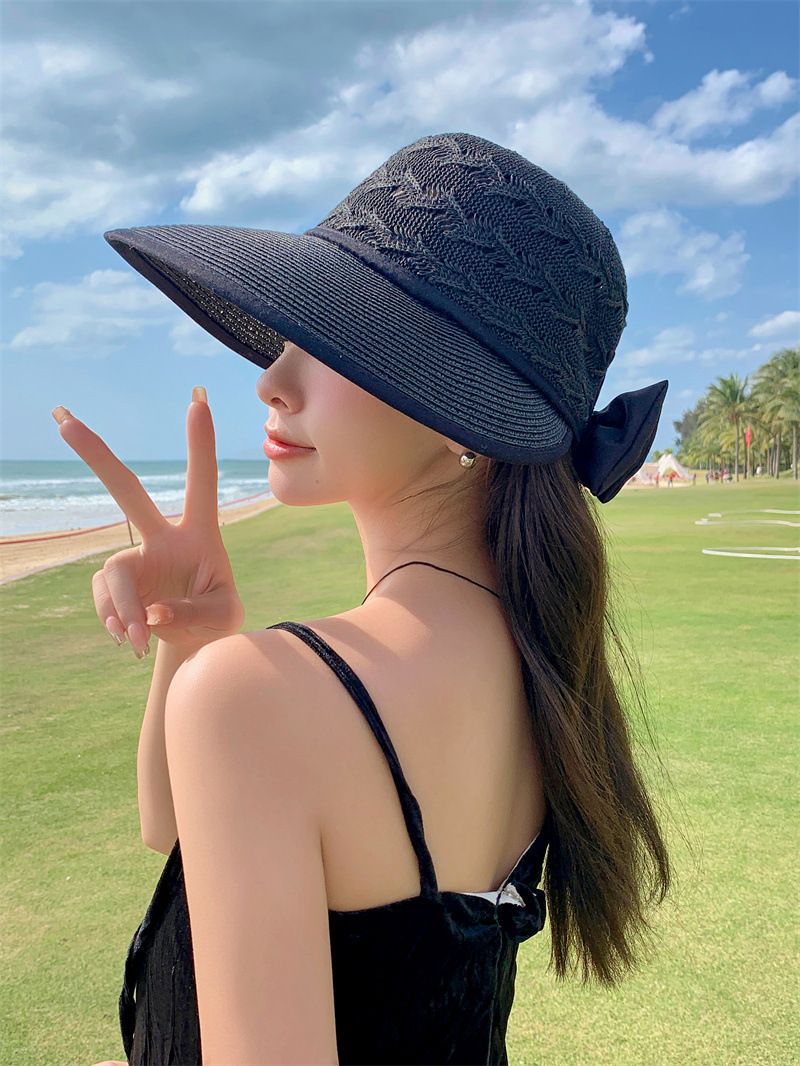 Nuovi arrivi Cappello di paglia con coda di cavallo da donna, visiera a tesa larga, estivo, regolabile, cappelli pieghevoli da spiaggia_voghion.com