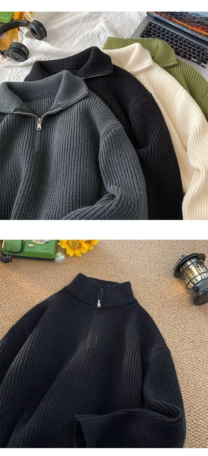 Maglione a collo alto con mezza zip, tinta unita, versatile, casual, casual, stile maschile_voghion.com
