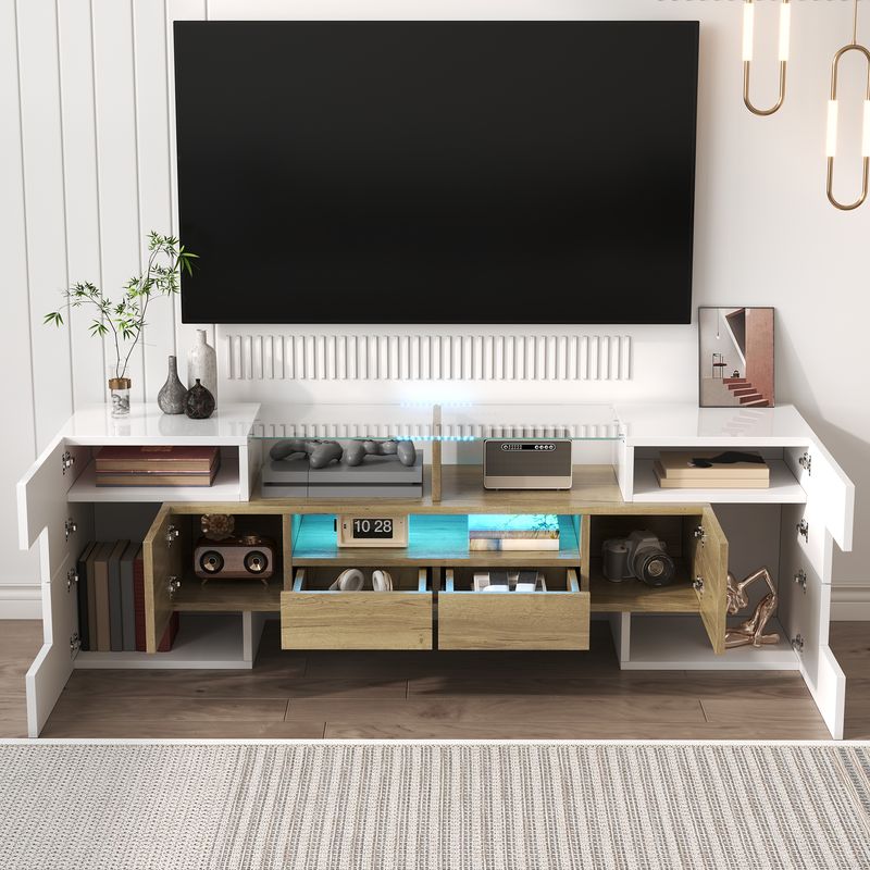 Meuble TV moderne, buffet bas blanc brillant de 145 cm avec éclairage LED, surface en verre élégante, mobilier de salon contemporain_voghion.com
