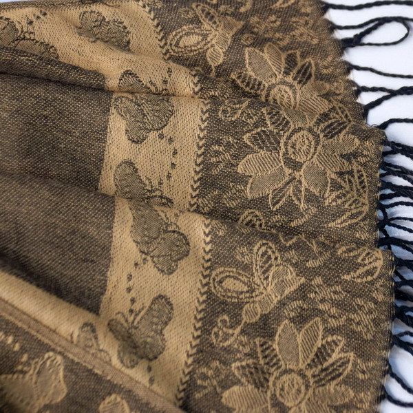Blancho Bedding -Pa-a66-2 Khaki Big Butterfly & Flower Elegant exquisitely Soft Tassel Ends Pashmina/Shawl/Scarf_voghion.com