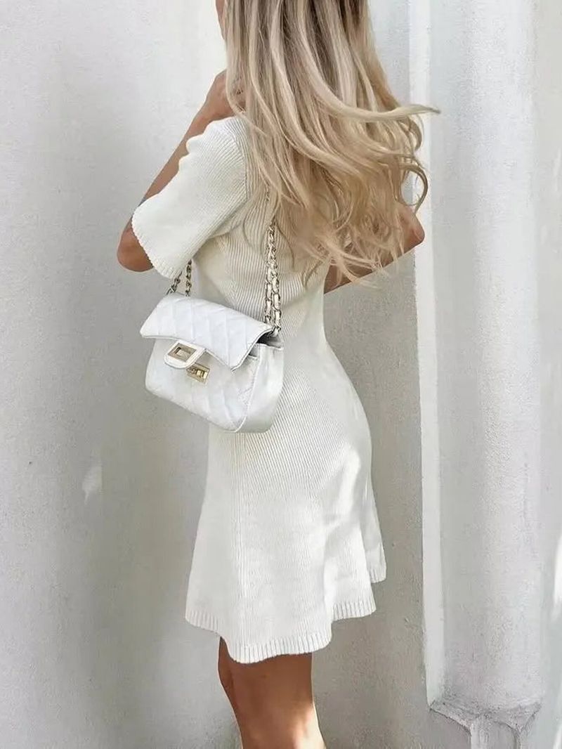 Damenbekleidung Herbst- und Wintermode Rundhals Slim Fit Kleid Knopf Einfarbig Gefälschte Tasche A-Linie Strickrock_voghion.com