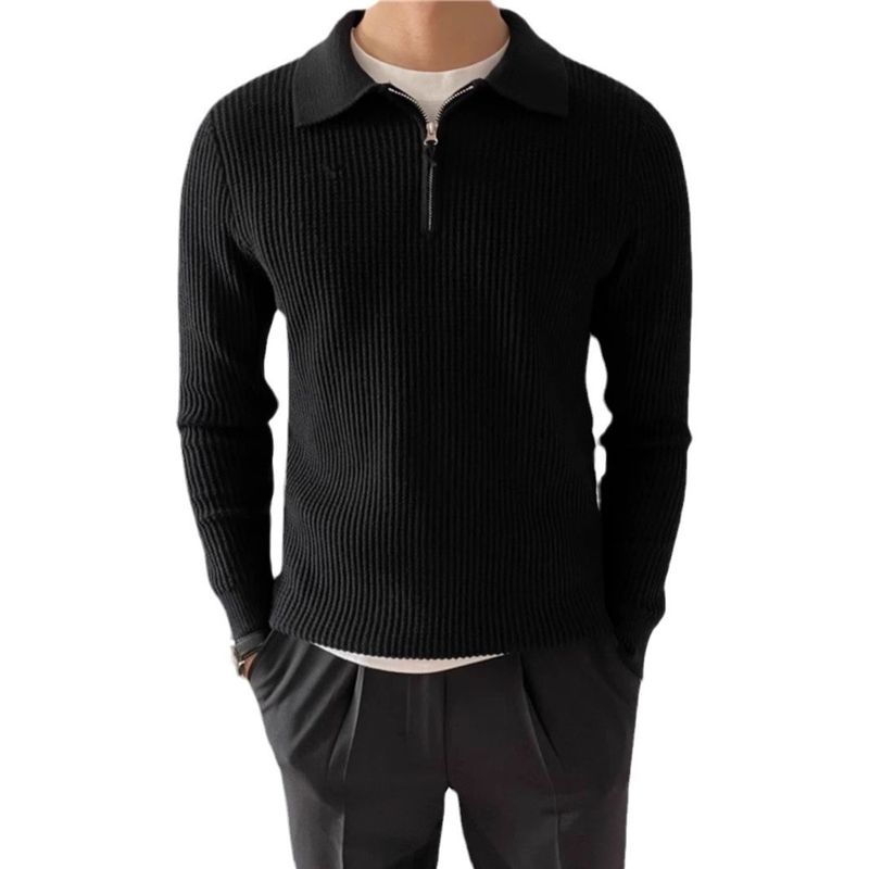 Maglione a maniche lunghe con collo a polo e mezza zip, nuovo, lavorato a maglia con parte superiore a nido d'ape, realizzato in filato tinta unita dalla vestibilità attillata._voghion.com