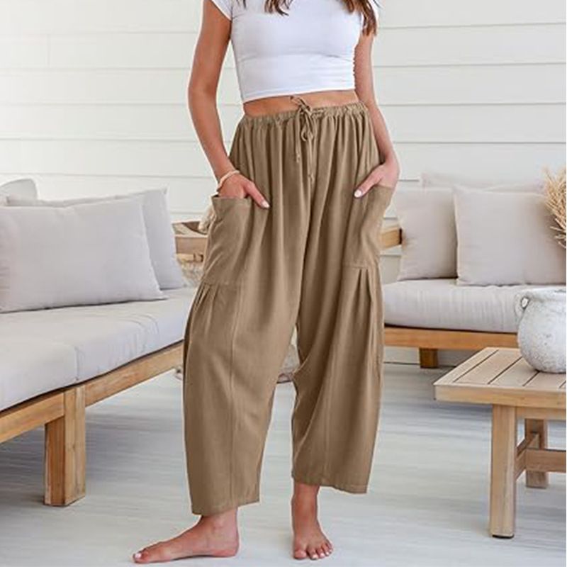 Pantaloni sportivi da spiaggia a gamba larga con coulisse, a vita media, casual e larghi, da donna, modello 2025, con tasche_voghion.com