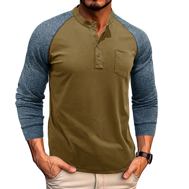 Unschlagbare Qualität Herren Rundhalsausschnitt Gerippte Patchwork-Ärmel Mit Raglan Henley Basis, Langärmliges Herren T-Shirt Top, Robustes Baumwollhemd_voghion.com