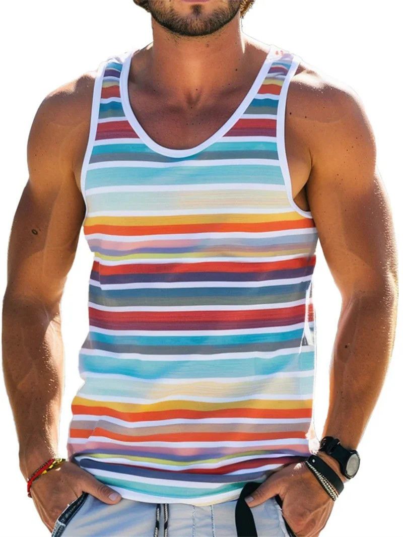 Vacation Refreshing Slightly Elastic Polyester Colorful Striped 3D Printed Wide Men Summer Sleeveless Vest_voghion.com