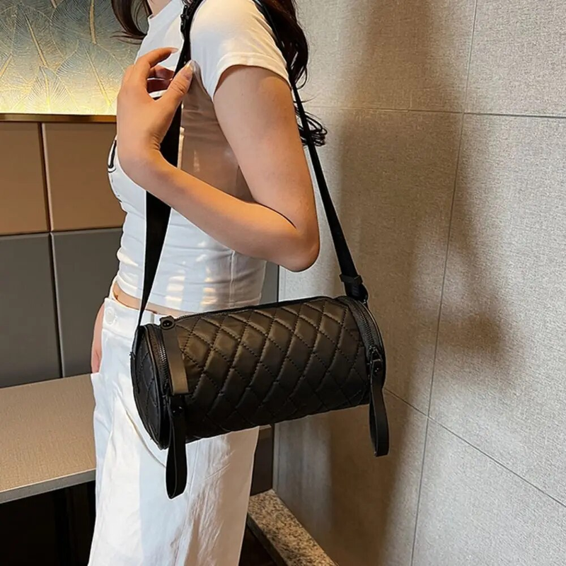 Borsa a tracolla con tracolla a spalla singola con cerniera alla moda a cilindro rotondo con cerniera alla moda, a grande capacità, maschio_voghion.com