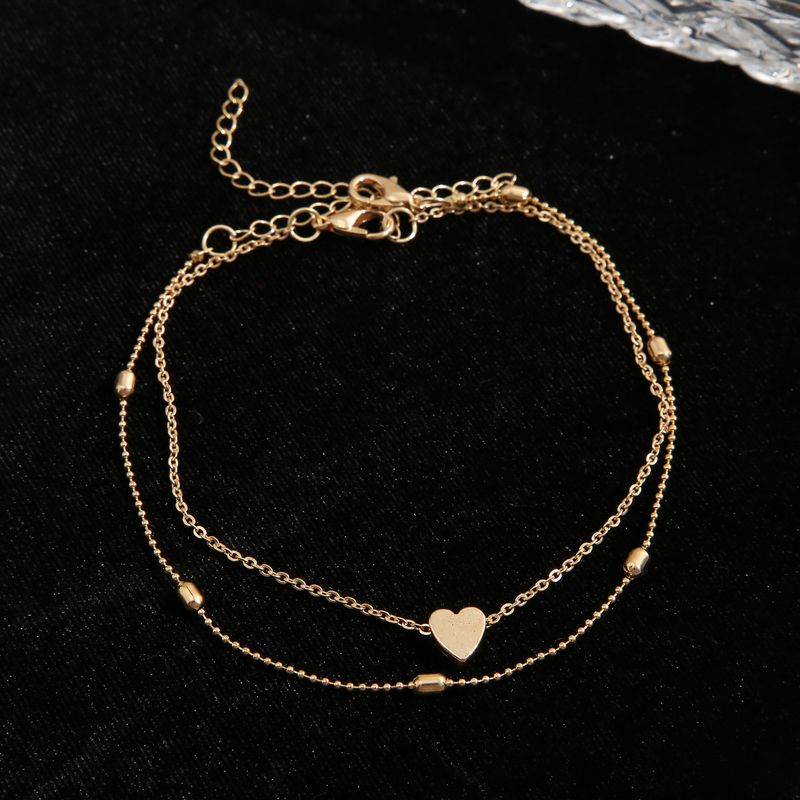 Cavigliera in lega multistrato creativa semplice con doppio strato a forma di cuore di pesca e perline rotonde di nuovo stile_voghion.com