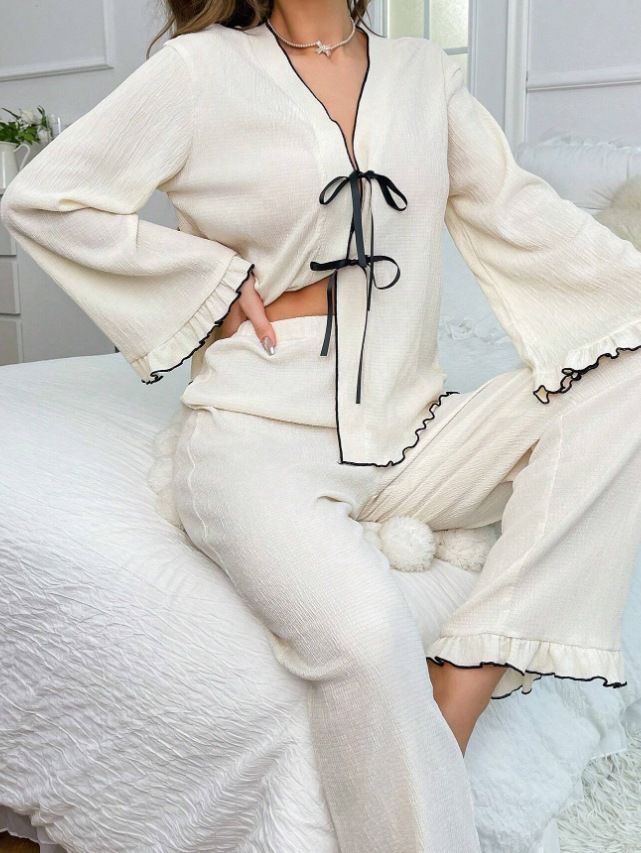 V-neck Lace-up Dense Edge Cardigan Long Sleeve Pants Set Pajamas Loungewear_voghion.com
