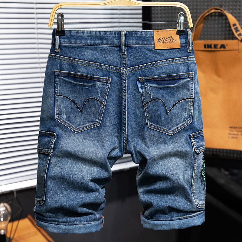 American Multi-bag Overalls Men's 5-point Ami Kaji Nostalgic Retro Five-point Pants Men's Embroidered Heavy Industry Jeans Men_voghion.com