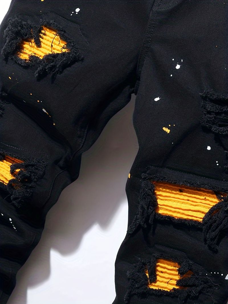Pánské slim fit kalhoty s inkoustovým vzorem a patchworkovým vzorem, sladěné barvy, nové pánské džíny Paint_voghion.com