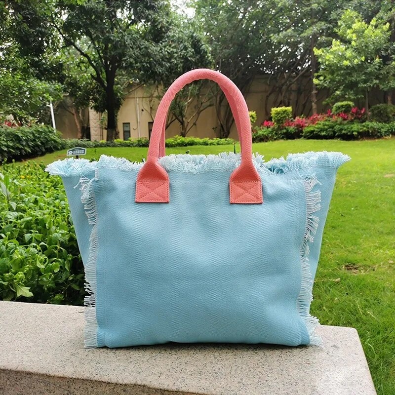 Christmas Present Simple Fashion Design Women's Tassels Handbag Large Capacity Canvas Beach Brand Tote Bag_voghion.com