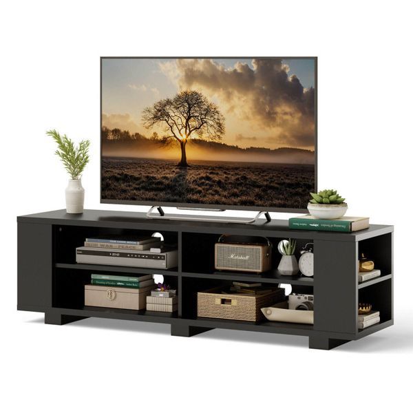 Wooden TV Stand With 8 Open Shelves For TVs Up To 65 Inch Flat Screen_voghion.com