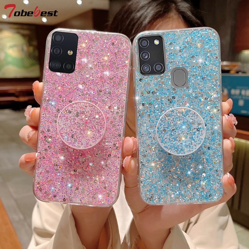Fényes Glitter Gypsophila telefontartó tok Samsung Galaxy A51 A71 A11 A21S A31 A81 A91 Bling arany ezüst fólia szilikonhoz_voghion.com