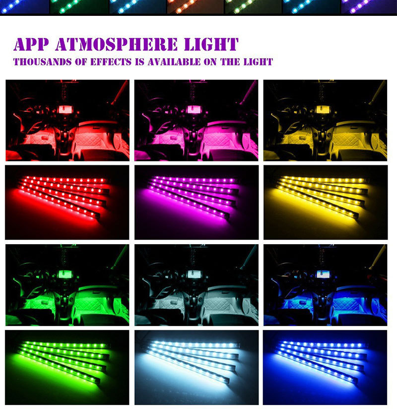 Auto LED 12 luci colorate suono trascina quattro 48SMD musica con telecomando USB piede luce atmosfera RGB_voghion.com