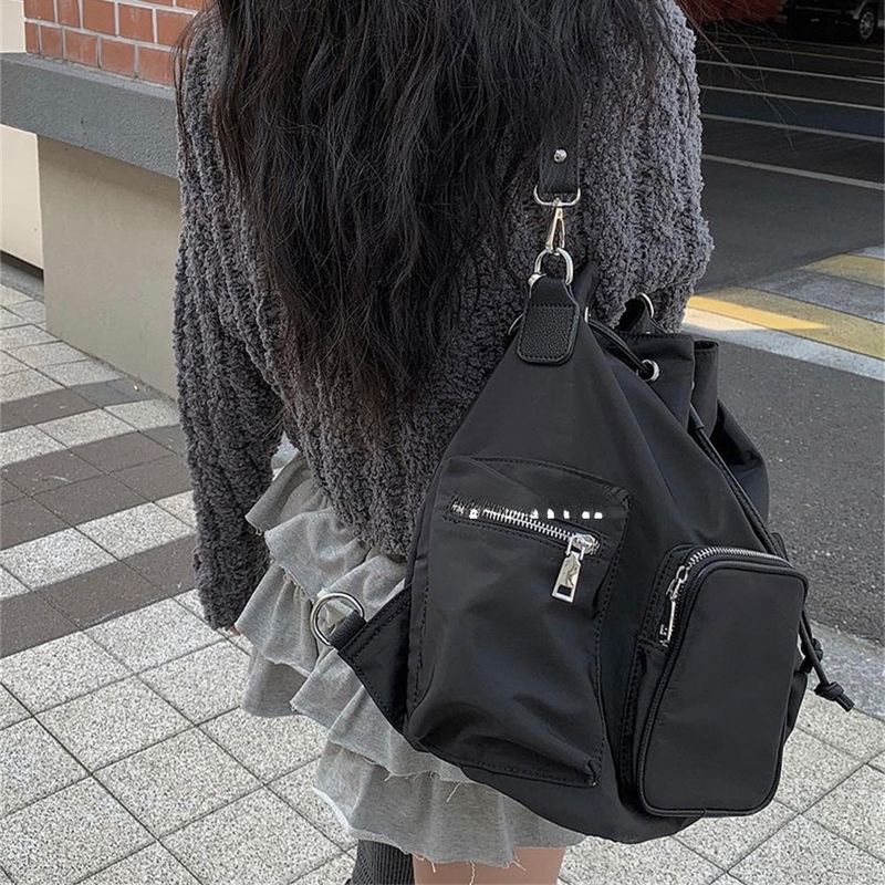 spring And Summer New Nylon Cloth Waterproof Korean Sweet Cool Multi-pocket Zipper Drawstring Single Shoulder Double Crossbody Bag Fashionable_voghion.com