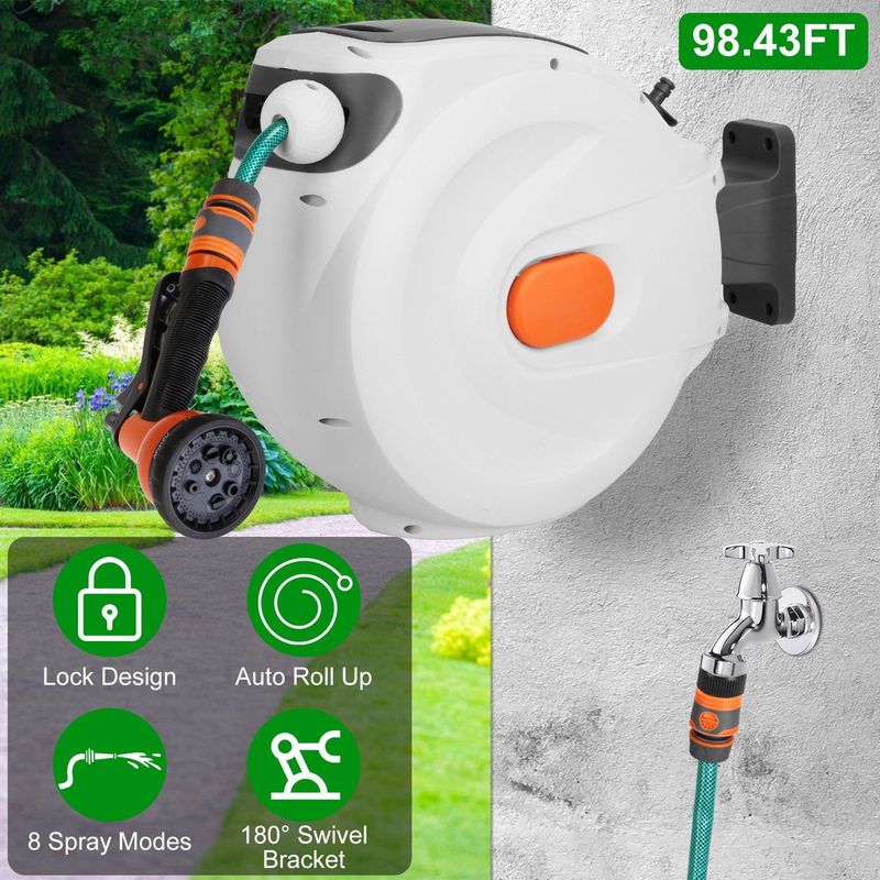 Retractable Garden Hose Reel Wall Mounted Automatic Water Hose Reel With Any Length Lock 8 Pattern Spraying Modes 180° Swivel Bracket_voghion.com