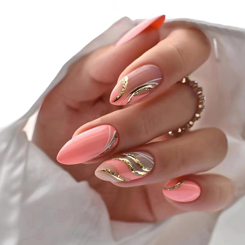 24-teiliges Ripple-Gold-Mandel-N-Set mit Kleber, tragbar, glitzernd, rosa, falsches N, langes, fertiges Fake-N zum Aufdrücken_voghion.com