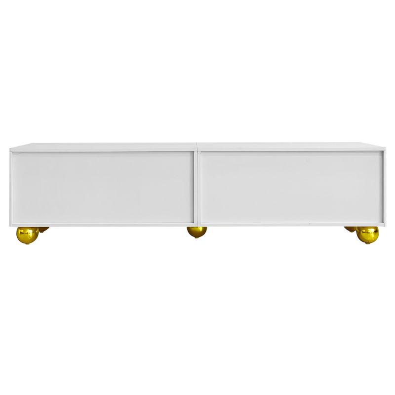 Meuble TV avec portes structurées, décorations dorées et pieds ronds, étagères réglables incluses, ouverture par pression_voghion.com