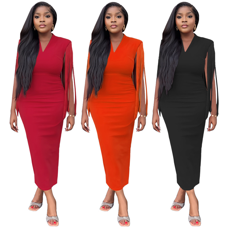 Women's fringe shawl temperament one-step slim-fit pencil dress_voghion.com