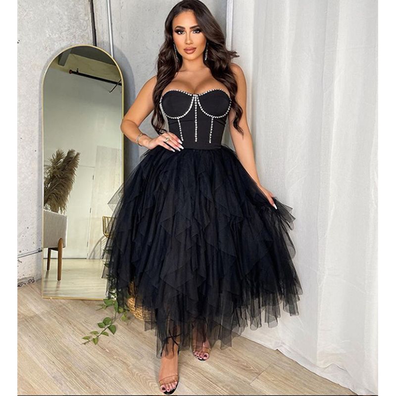 Îmbrăcăminte pentru femei, culoare solidă, fierbinte, cu diamant, tub, top, pufos, plasă, rochie, îmbrăcăminte pentru femei_voghion.com