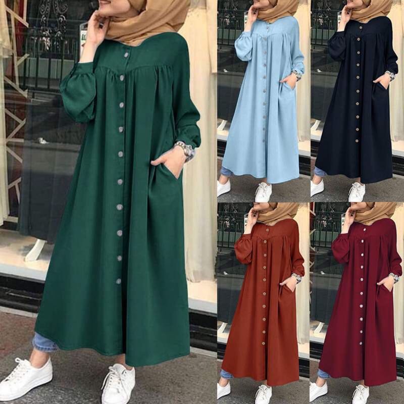 Women's clothing Muslim new solid color long sleeved shirt dress casual pocket robe_voghion.com