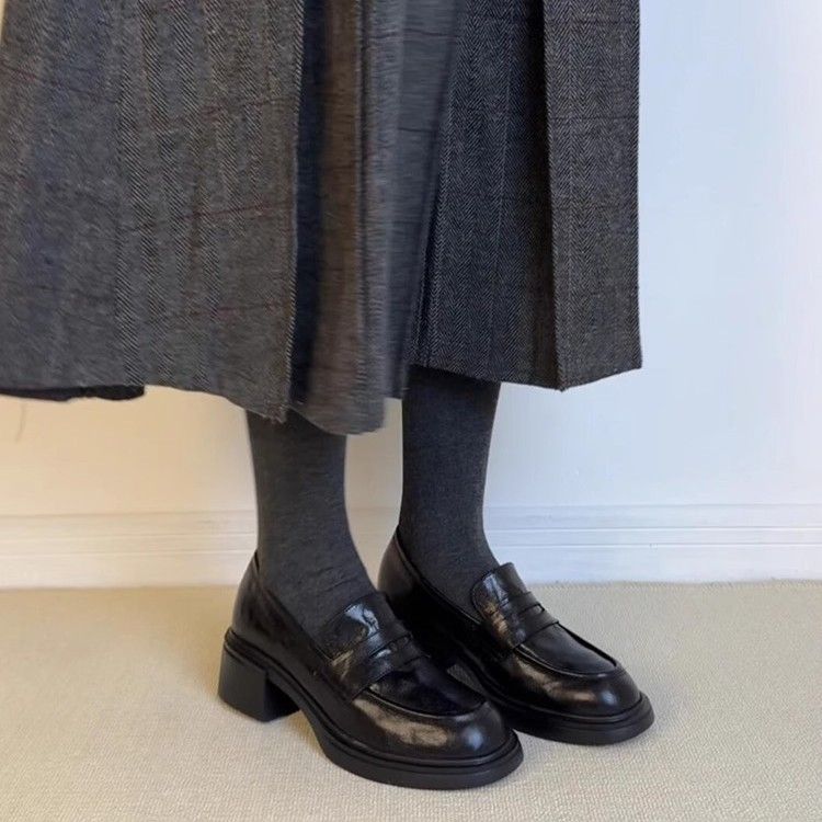 Versione in pelle di pecora ~ Mocassini da donna con punta tonda alta e suola spessa, stile britannico, slip-on, versatili, con tacco spesso_voghion.com