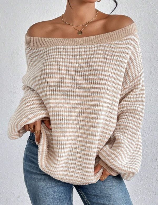 Maglione da donna in maglia con spalle scoperte, righe a blocchi di colore e maniche a lanterna – Vestibilità comoda e ampia per autunno e inverno_voghion.com