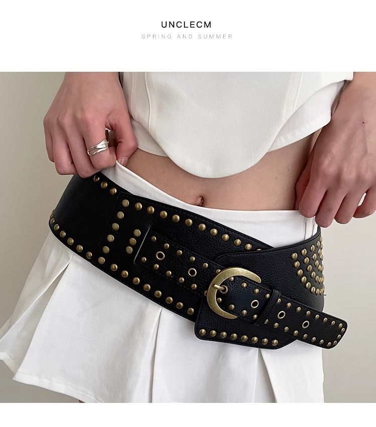 Women's Wide Belt Retro High-end Fashion All-match Decorative Fashion Dress Trendy Rivet Punk Style Belt_voghion.com