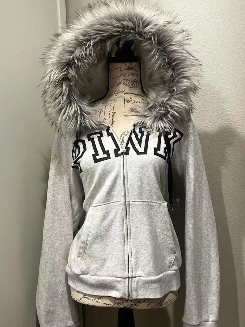 Nuovo cappello di pelliccia hip-hop di tendenza giovanile, giacca con cappuccio e cerniera foderata in pile, cardigan grigio_voghion.com