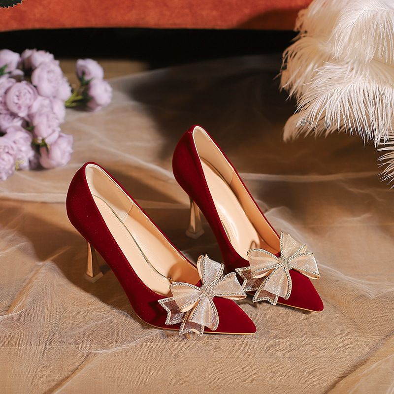 【Y-509-1】Plus Size Red Wedding Bride Extra Large Bowknot Fat Wide Feet Pointed Toe Women's Shoes_voghion.com