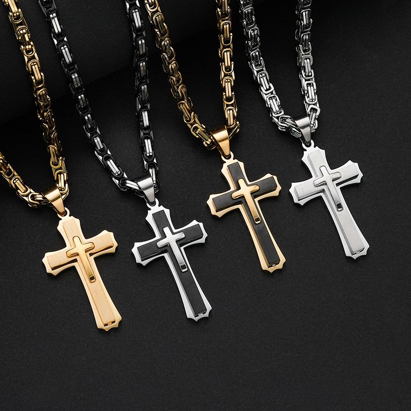 Collana audace con croce in acciaio al titanio a tre strati, accessori hip-hop da uomo_voghion.com