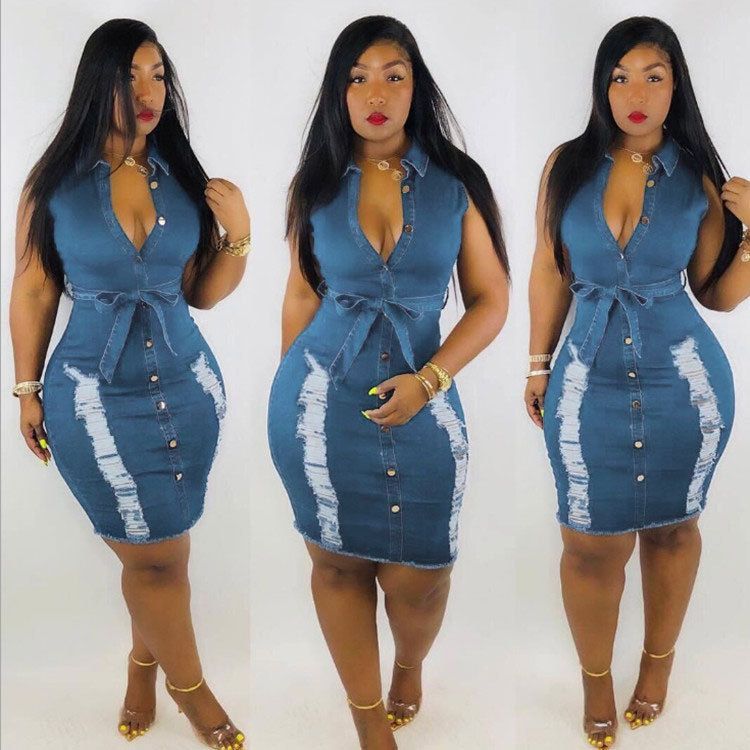 Seksi moda kolsuz delik seksi denim elbise_voghion.com