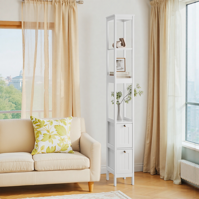 Schmaler Hochschrank Fürs Badezimmer, Freistehend Mit 2 Schubladen & 3 Böden, 20x30x160 Cm, Bianco_voghion.com