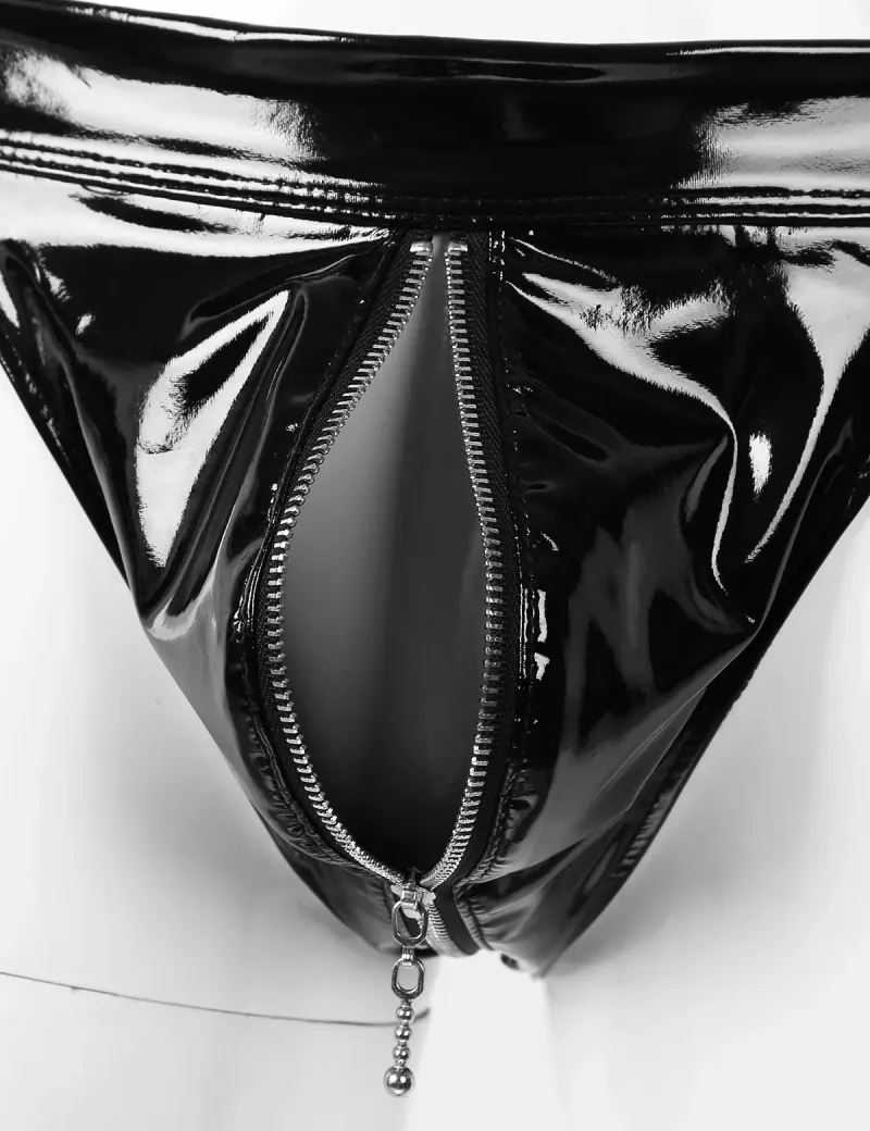 Sexy Mens Underwear WetLook Patent Leather Bfs Panties Butt Hollow Out Gay Jockstrap Zipper Open Crotch Bondage_voghion.com