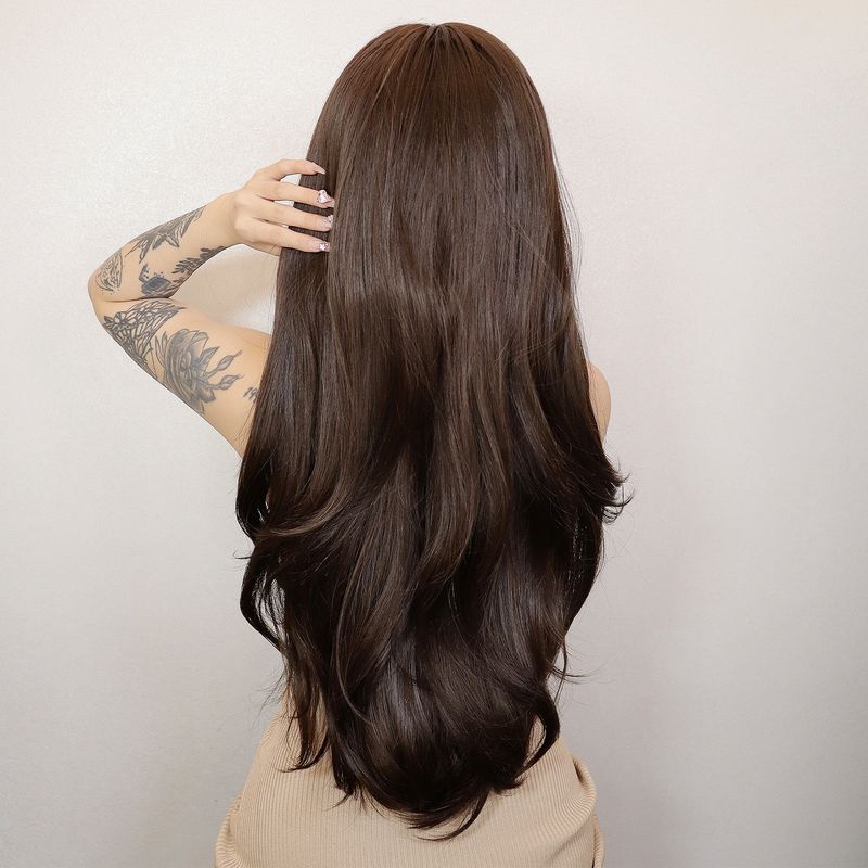 Perruque Femme Cheveux Longs Coréens Doux Mignon Quotidien Frange Lisse Noir Brun Dégradé Perruque Cheveux Longs Raides_voghion.com
