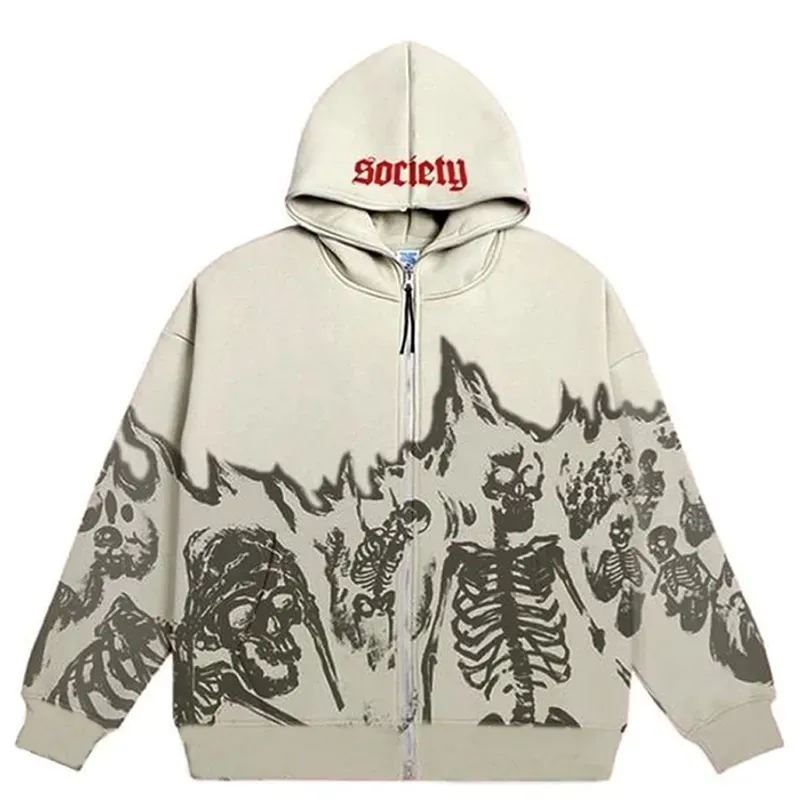 Felpa con cappuccio vintage con teschio, felpa con cappuccio con cerniera, felpa oversize grunge, top gotici, giacche alternative Haruku, abbigliamento streetwear da uomo Y2K Emo_voghion.com