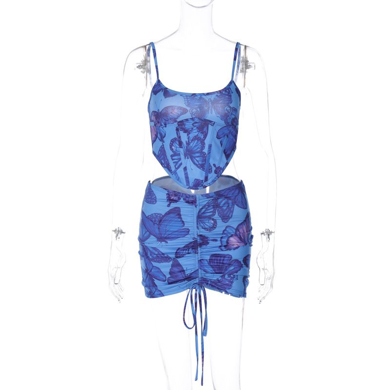 Women's 2023 summer new product sexy backless camisole top slim fit drawstring skirt set wholesale_voghion.com