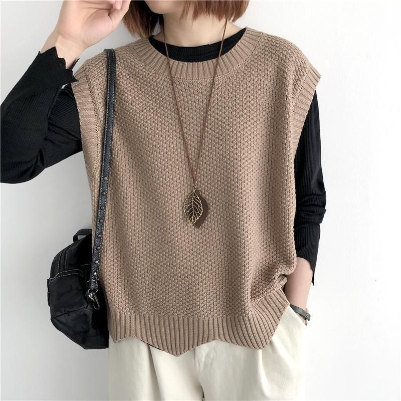 K Women's Knitted Vest; Pure Color, Loose, Round Neck, Irregular Pullover Short Cardigan._voghion.com